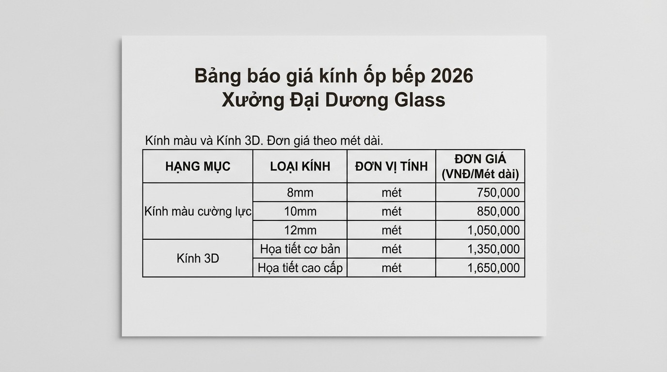 Bảng báo giá kính ốp bếp 2026 theo mét dài tại xưởng Đại Dương Glass, gồm kính màu và kính 3D