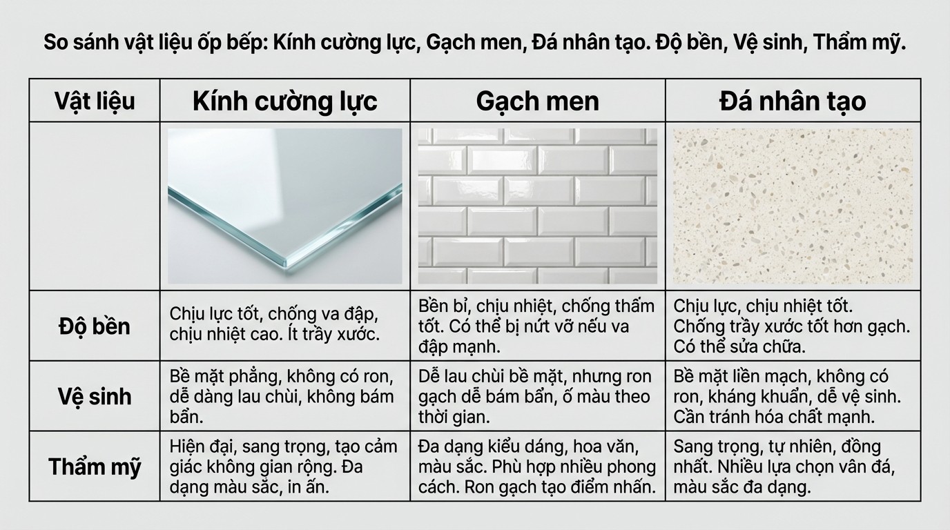 Bảng so sánh kính cường lực, gạch men và đá nhân tạo khi ốp tường bếp